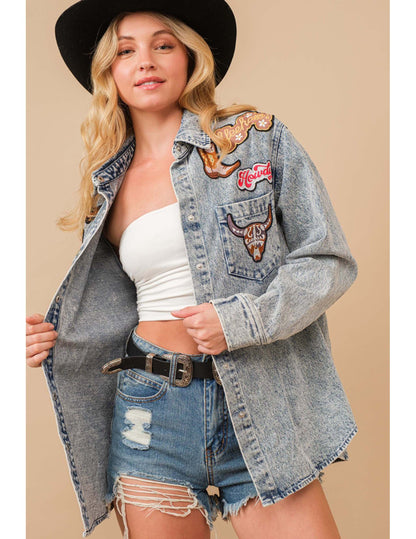 Western Patch Denim Jacket - OUTERWEAR
