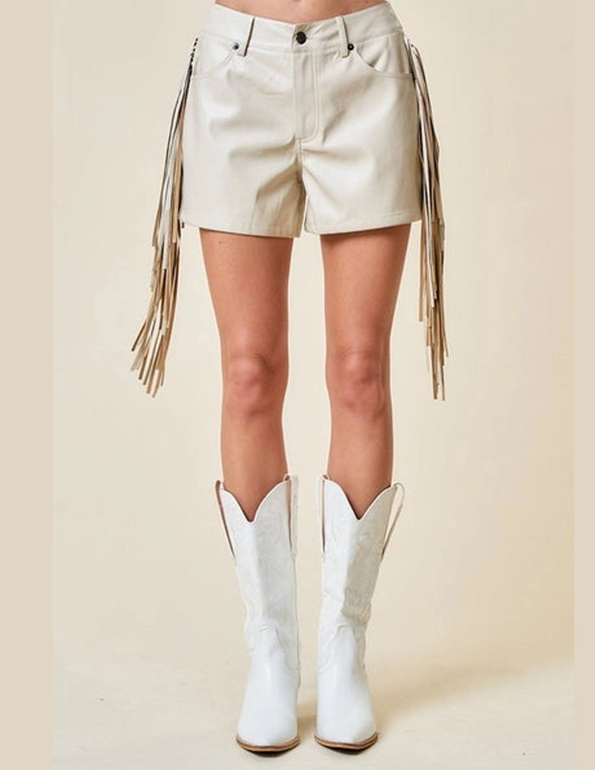 Western Side Fringe Beige Shorts - SHORTS