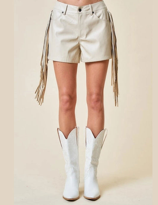 Western Side Fringe Beige Shorts - SHORTS