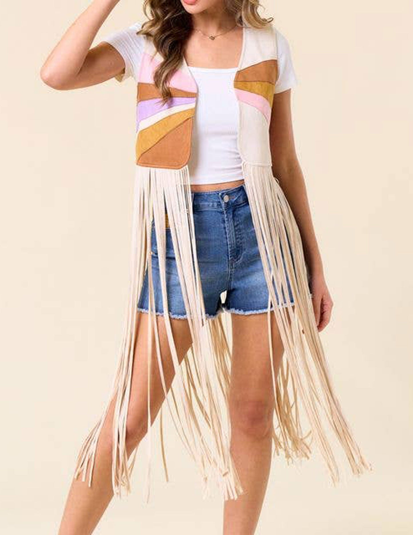 Western Sunset Long Fringe Faux Leather Vest - VESTS