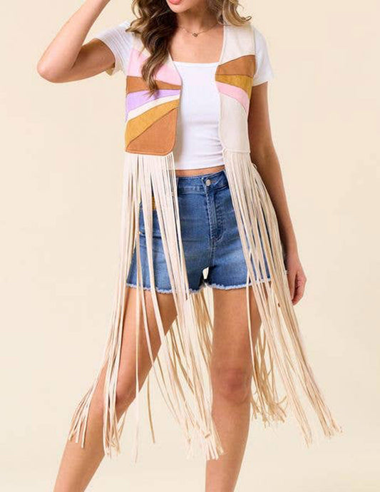 Western Sunset Long Fringe Faux Leather Vest - VESTS