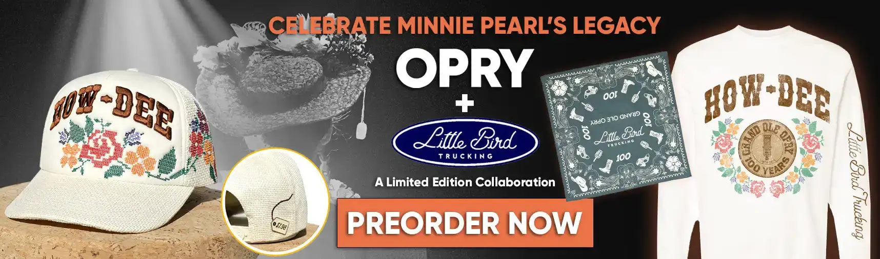 White baseball cap with colorful floral embroidery and ’HOW-DEE’ text.