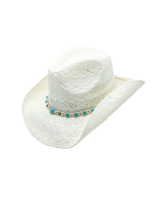 White Straw Cowboy Hat with Turquoise Band - COWBOY