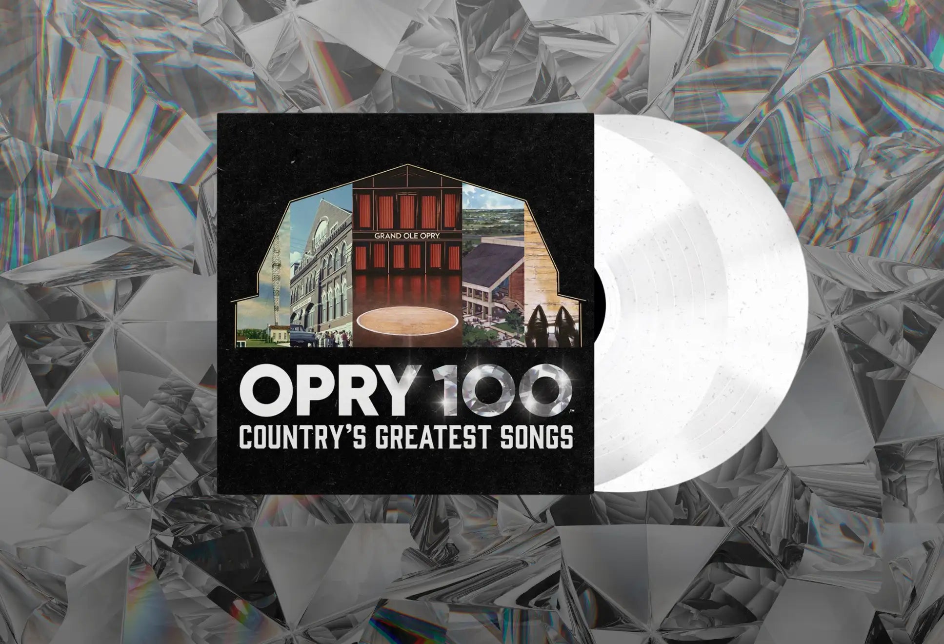 White vinyl record with a black album cover featuring the text ’opry 100 country’s greatest songs’ and an image of the grand ole opry building.