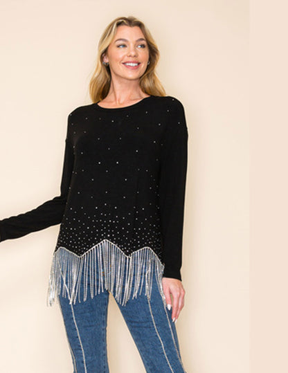 FA Women’s Long Sleeve Sparkle Top with Rhinestone Fringe - CREWS