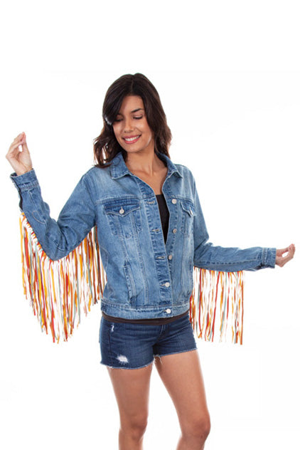 Women’s Multicolor Fringe Denim Jacket - DENIM / 2XL - OUTERWEAR