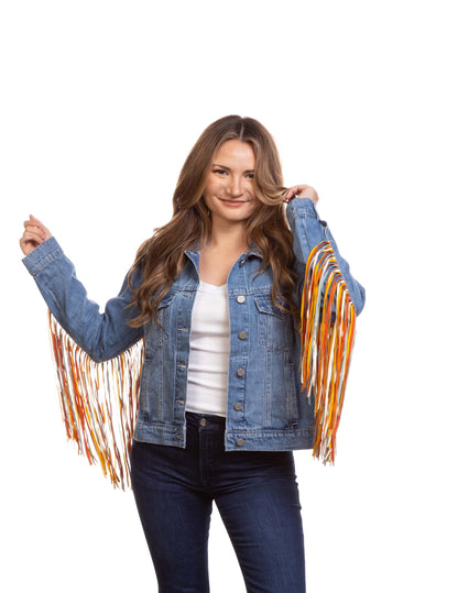 Women’s Multicolor Fringe Denim Jacket - OUTERWEAR