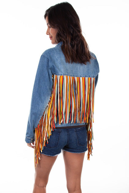 Women’s Multicolor Fringe Denim Jacket - OUTERWEAR