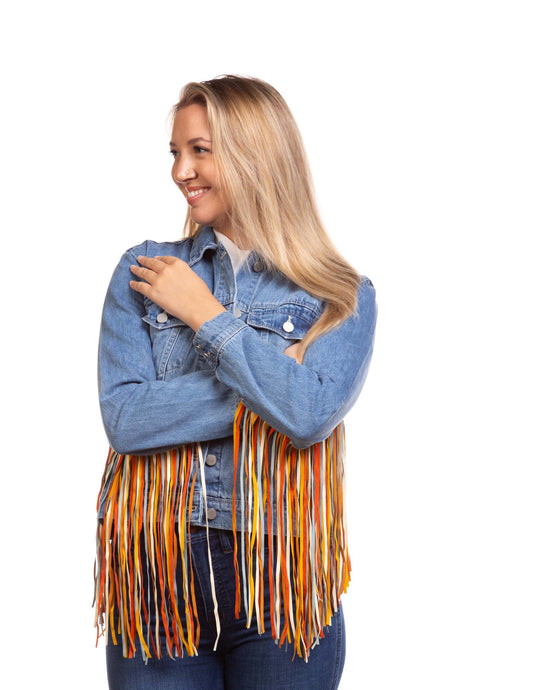 Women’s Multicolor Fringe Denim Jacket - OUTERWEAR