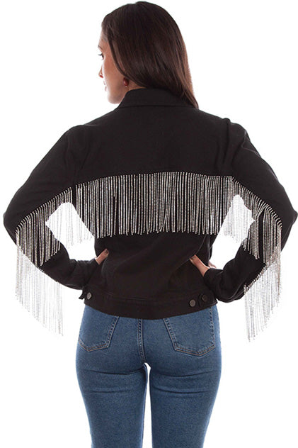 Black Denim Rhinestone Fringe Jacket - OUTERWEAR