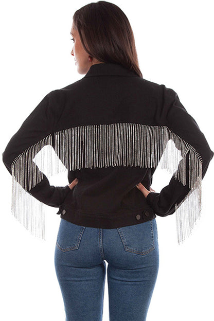 Black Denim Rhinestone Fringe Jacket - OUTERWEAR