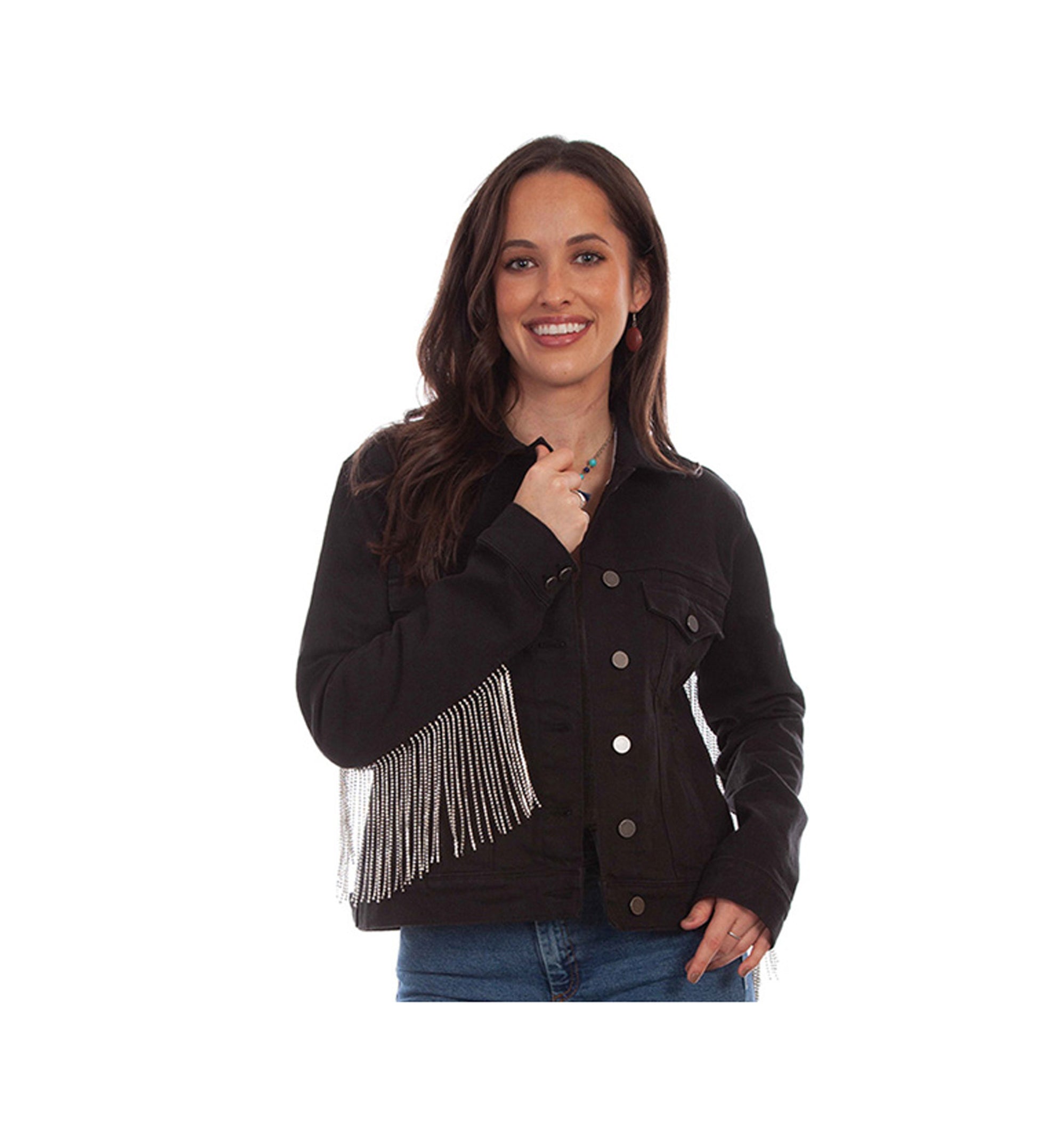 Black Denim Rhinestone Fringe Jacket - BLACK / SM - OUTERWEAR